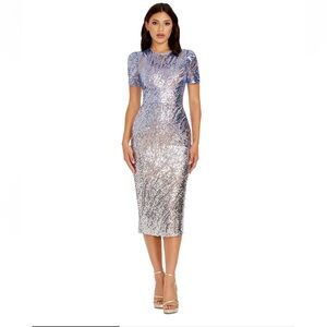 Dress the Population Blue and Silver Sequin Midi Dress
